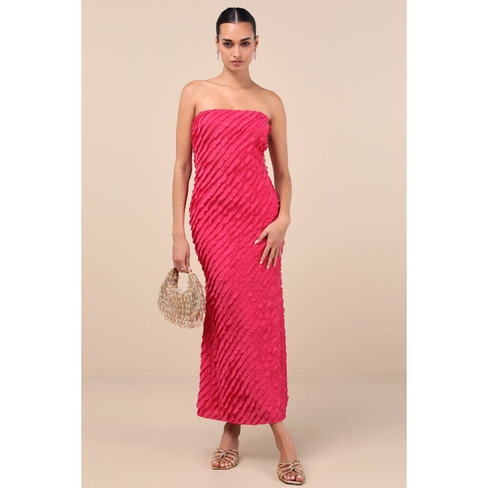 Lulus Faelyn Magenta Strapless Ruffled Midi Dress Pink - Size M
